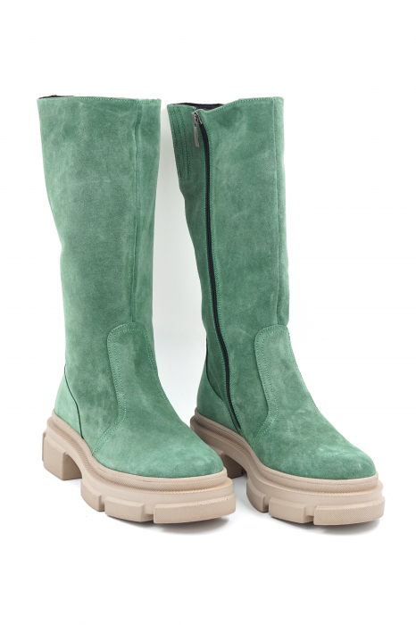 Cizme dama casual scurte din piele naturala intoarsa verde menta cu varf rotund si talpa 4 cm 77921-23 [4]