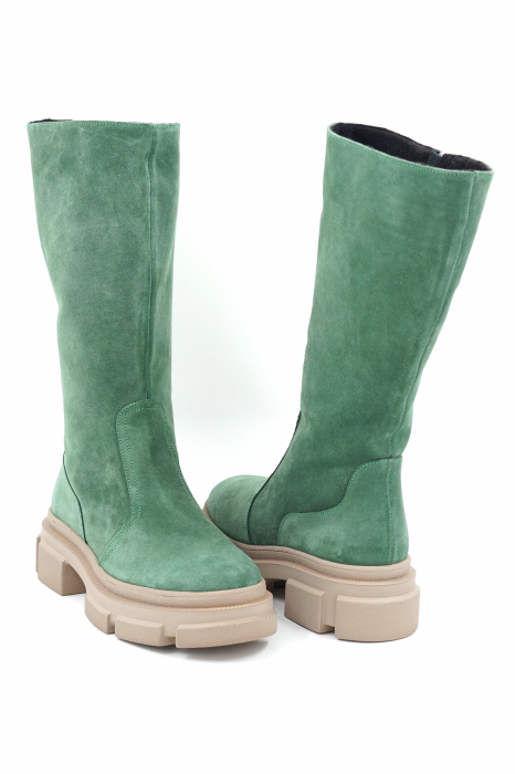 Cizme dama casual scurte din piele naturala intoarsa verde menta cu varf rotund si talpa 4 cm 77921-23 [5]