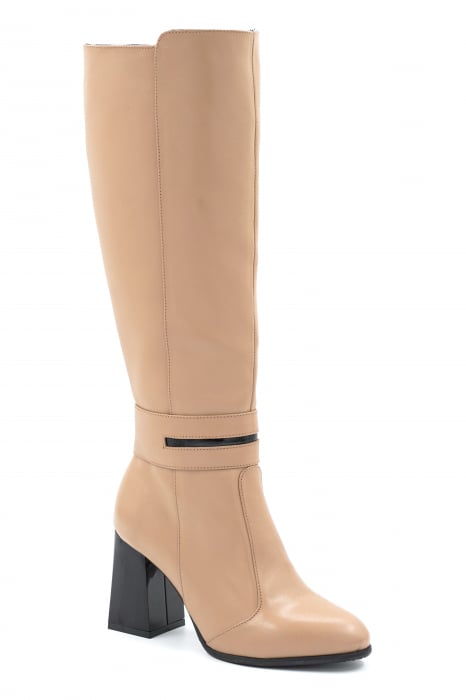 Cizme dama lungi elegante din piele naturala bej inchis cu varf rotund si toc mediu gros 8 cm 78418-24 [2]