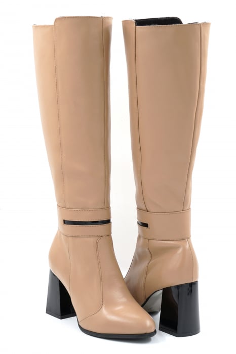Cizme dama lungi elegante din piele naturala bej inchis cu varf rotund si toc mediu gros 8 cm 78418-24 [3]