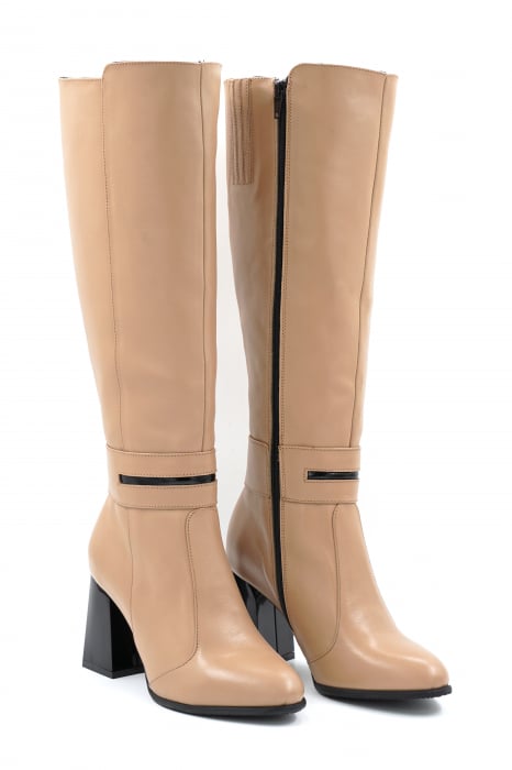 Cizme dama lungi elegante din piele naturala bej inchis cu varf rotund si toc mediu gros 8 cm 78418-24 [4]