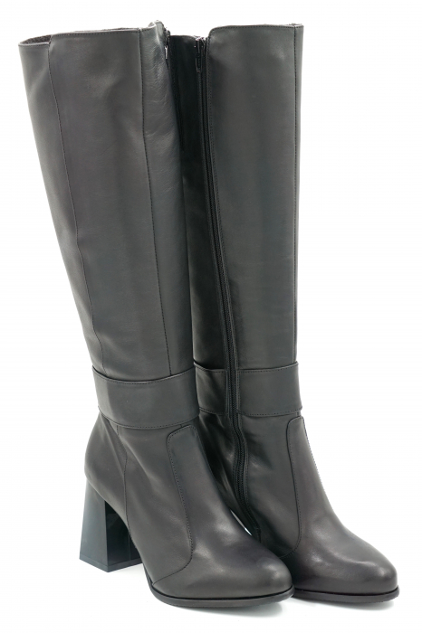 Cizme dama lungi elegante din piele naturala neagra cu varf rotund si toc mediu gros 8 cm 78518-1-23 [2]