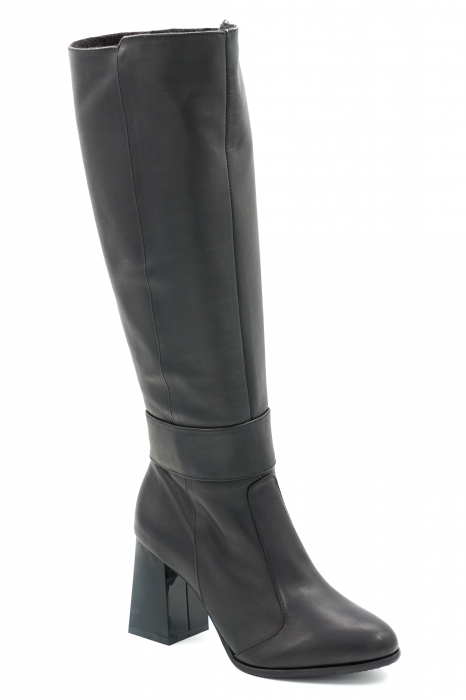 Cizme dama lungi elegante din piele naturala neagra cu varf rotund si toc mediu gros 8 cm 78518-1-23 [4]