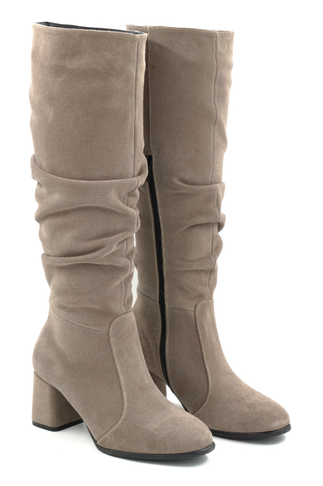 Cizme dama din piele naturala intoarsa grej cu varf rotund si toc mic gros imbracat de 6 cm 77221-25 [3]