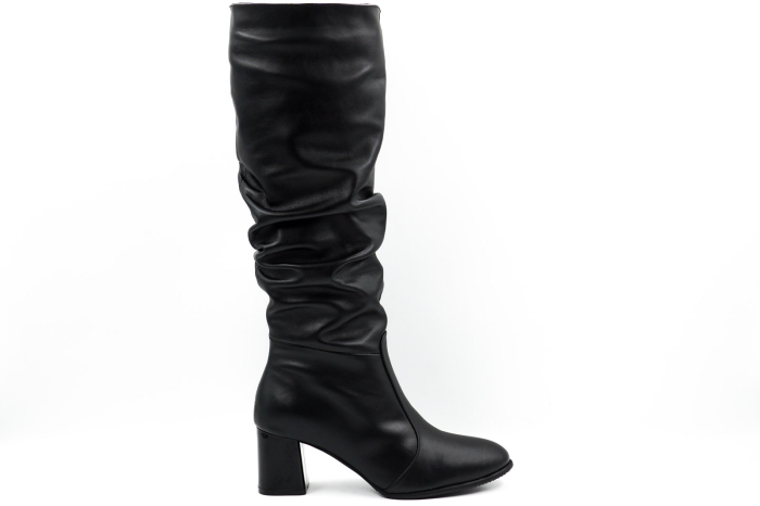 Cizme dama lungi elegante fronsate din piele naturala neagra cu varf rotund si toc mic gros 6 cm 77221-26 [6]