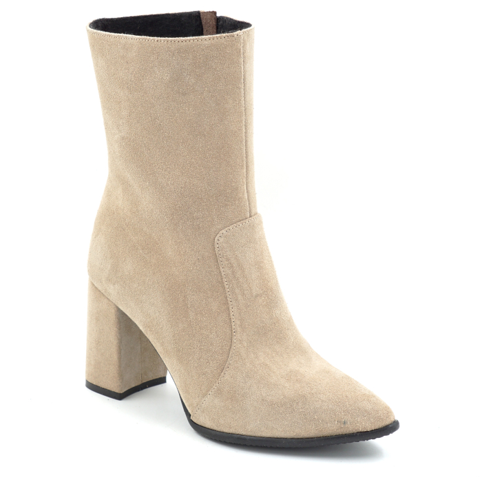 Ghete dama din piele naturala intoarsa bej cappucino cu varf ascutit stiletto si toc mediu gros imbracat de 8 cm 74617-2-25 [2]