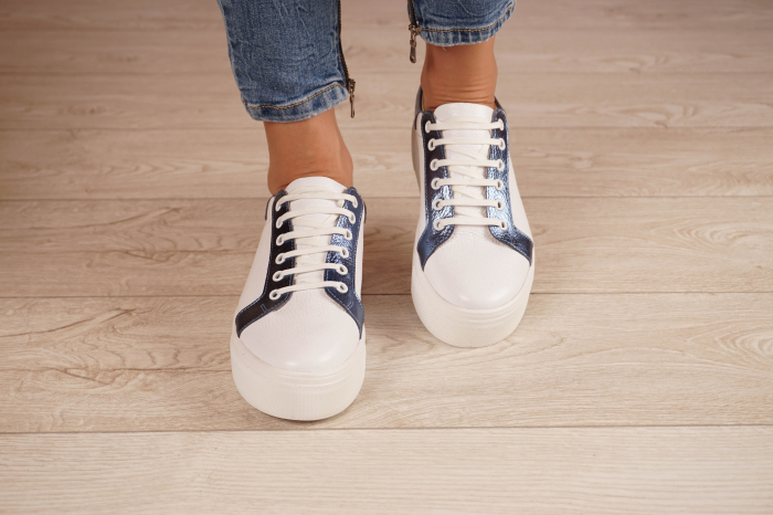 Pantofi dama tip Adidasi din piele naturala alba si albastru metalizat cu varf rotund si talpa 3 cm  57720-21 [4]
