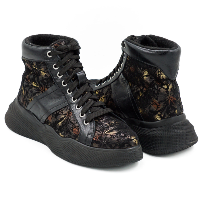 Ghete dama casual sport din piele naturala neagra si cu imprimeu cu varf rotund si talpa 4 cm 72521-1-26 [4]