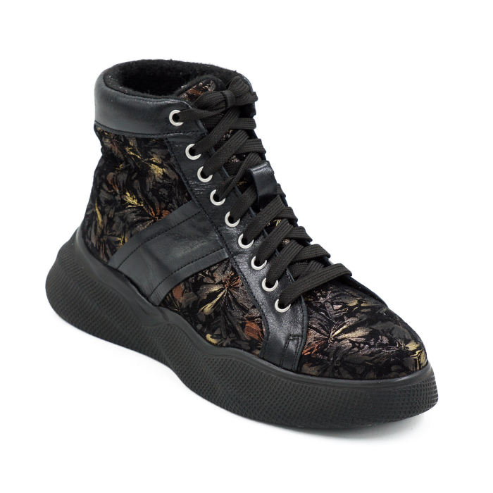 Ghete dama casual sport din piele naturala neagra si cu imprimeu cu varf rotund si talpa 4 cm 72521-1-26 [2]