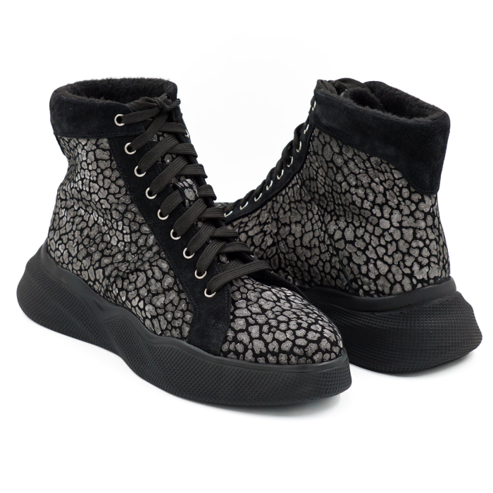 Ghete dama casual sport din piele naturala neagra si cu imprimeu cu varf rotund si talpa 4 cm 72521-26 [4]