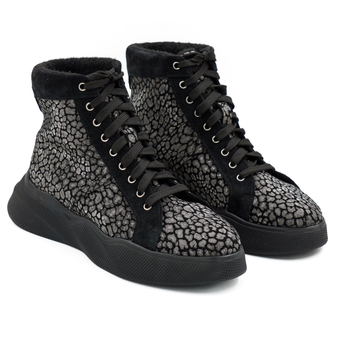 Ghete dama casual sport din piele naturala neagra si cu imprimeu cu varf rotund si talpa 4 cm 72521-26 [3]