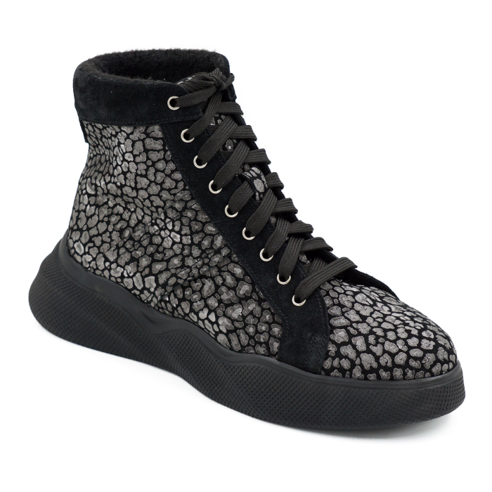 Ghete dama casual sport din piele naturala neagra si cu imprimeu cu varf rotund si talpa 4 cm 72521-26 [2]