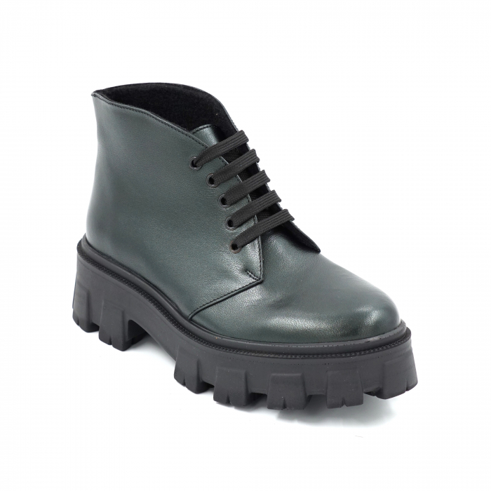 Ghete dama casual din piele naturala verde inchis smarald sidefat cu varf rotund si talpa 4 cm  32513-23 [2]