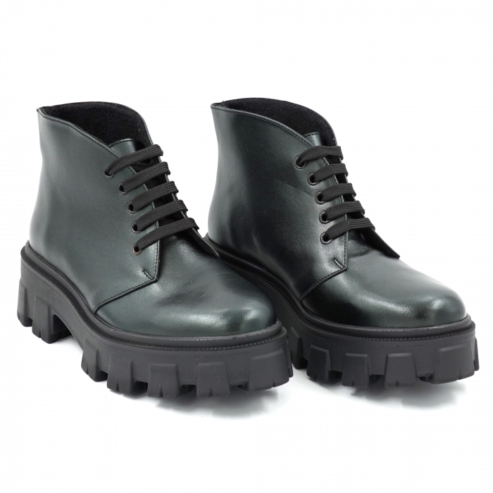 Ghete dama casual din piele naturala verde inchis smarald sidefat cu varf rotund si talpa 4 cm  32513-23 [3]