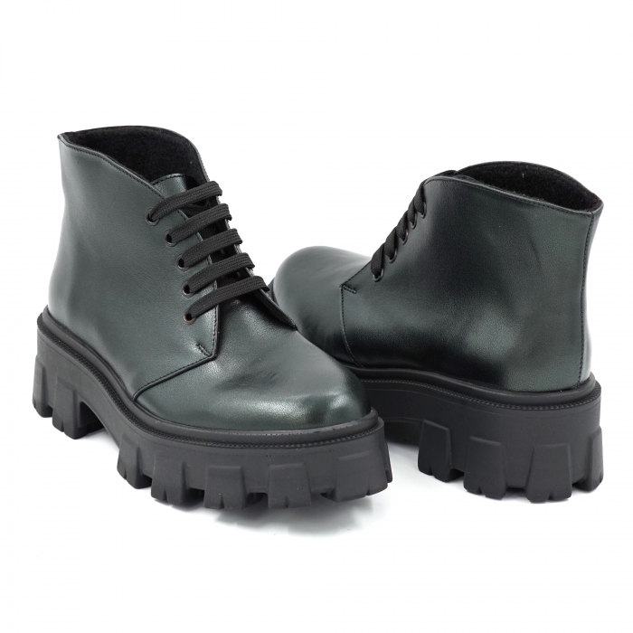 Ghete dama casual din piele naturala verde inchis smarald sidefat cu varf rotund si talpa 4 cm  32513-23 [4]