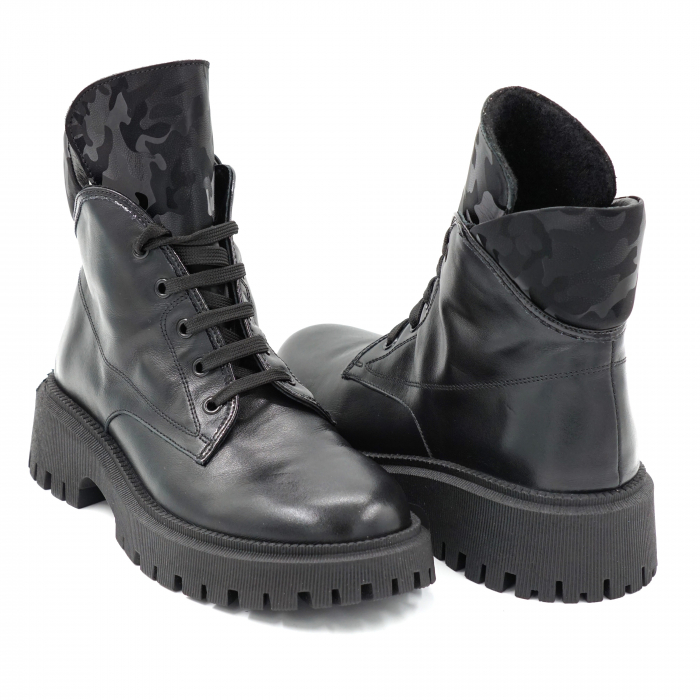 Ghete dama casual din piele naturala neagra si cu imprimeu 3D negru militar, cu varf rotund si talpa 3 cm   70119-23 [4]