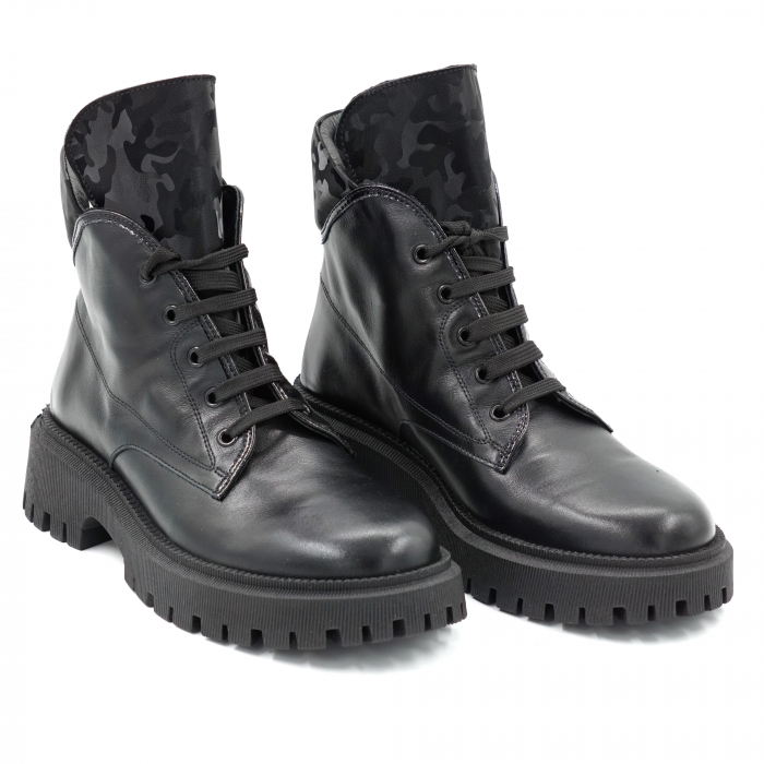 Ghete dama casual din piele naturala neagra si cu imprimeu 3D negru militar, cu varf rotund si talpa 3 cm   70119-23 [3]