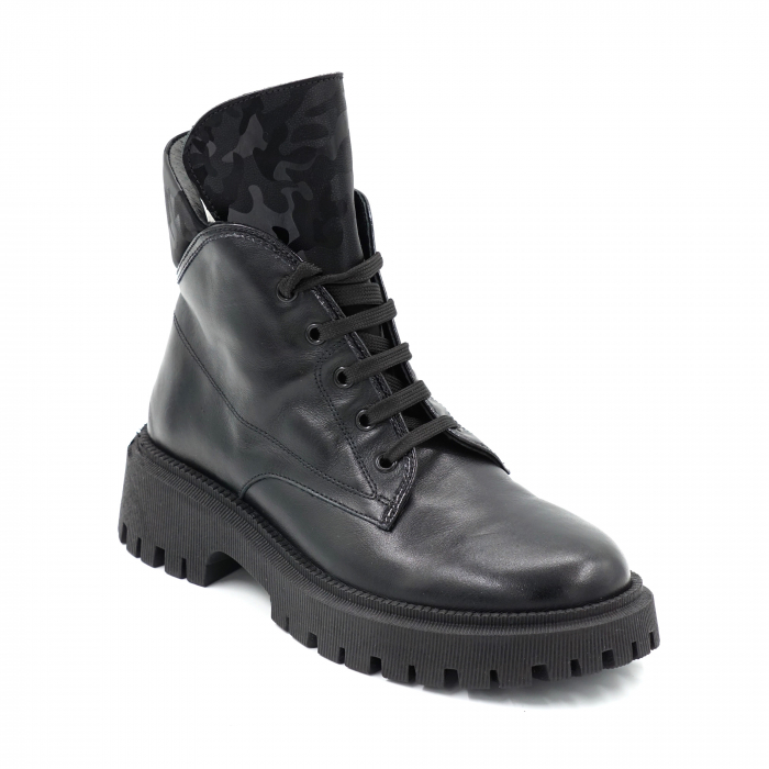 Ghete dama casual din piele naturala neagra si cu imprimeu 3D negru militar, cu varf rotund si talpa 3 cm   70119-23 [2]