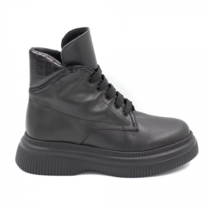 Ghete dama casual din piele naturala neagra si cu imprimeu croco negru mat cu varf rotund si talpa 4 cm 70119-24 [1]