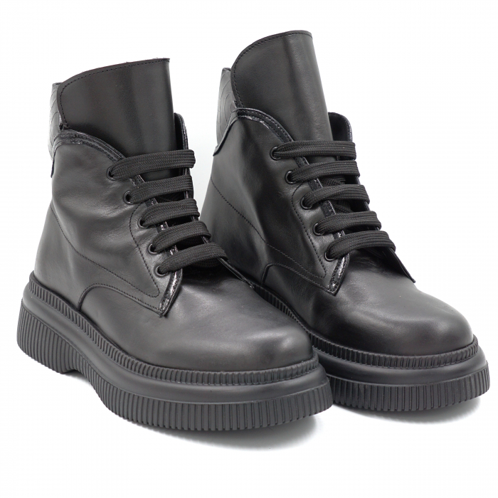 Ghete dama casual din piele naturala neagra si cu imprimeu croco negru mat cu varf rotund si talpa 4 cm 70119-24 [2]