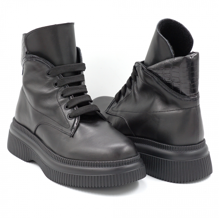 Ghete dama casual din piele naturala neagra si cu imprimeu croco negru mat cu varf rotund si talpa 4 cm 70119-24 [3]