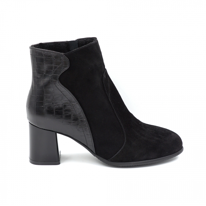 Ghete dama elegante din piele naturala intoarsa neagra si cu imprimeu croco negru mat cu varf rotund si toc mic gros 6 cm   70218-24 [1]