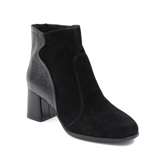 Ghete dama elegante din piele naturala intoarsa neagra si cu imprimeu croco negru mat cu varf rotund si toc mic gros 6 cm   70218-24 [2]