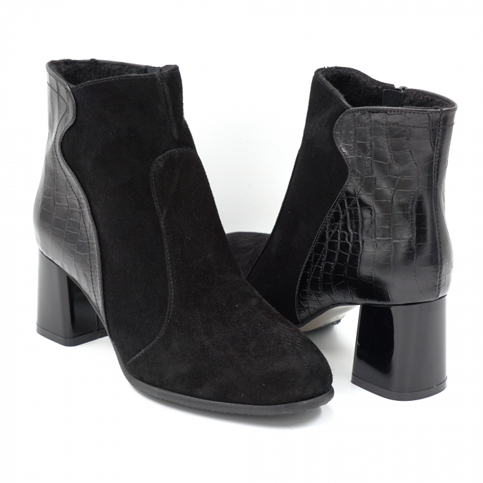 Ghete dama elegante din piele naturala intoarsa neagra si cu imprimeu croco negru mat cu varf rotund si toc mic gros 6 cm   70218-24 [4]