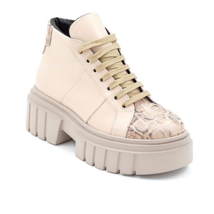 Ghete dama casual sport din piele naturala nude roze si cu imprimeu animal print cu varf rotund si talpa 5 cm  70421-23 [2]