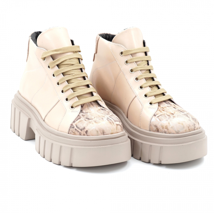 Ghete dama casual sport din piele naturala nude roze si cu imprimeu animal print cu varf rotund si talpa 5 cm  70421-23 [3]