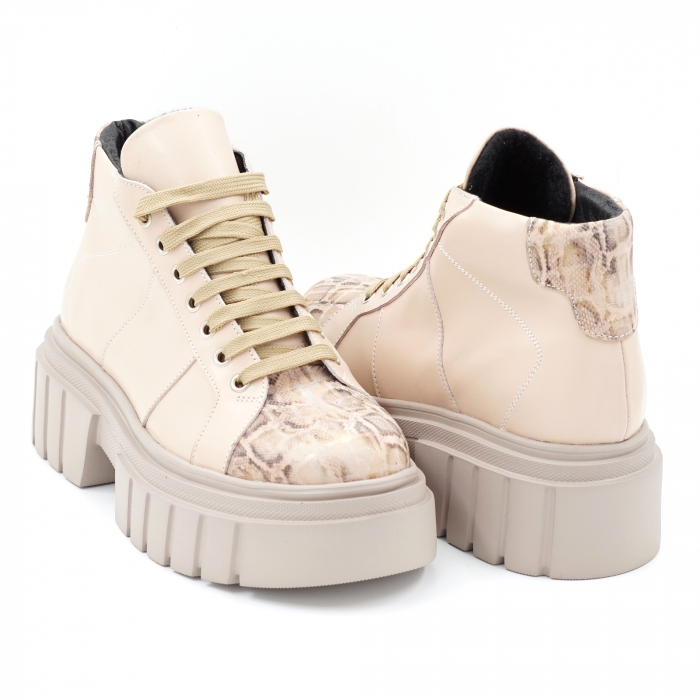 Ghete dama casual sport din piele naturala nude roze si cu imprimeu animal print cu varf rotund si talpa 5 cm  70421-23 [4]