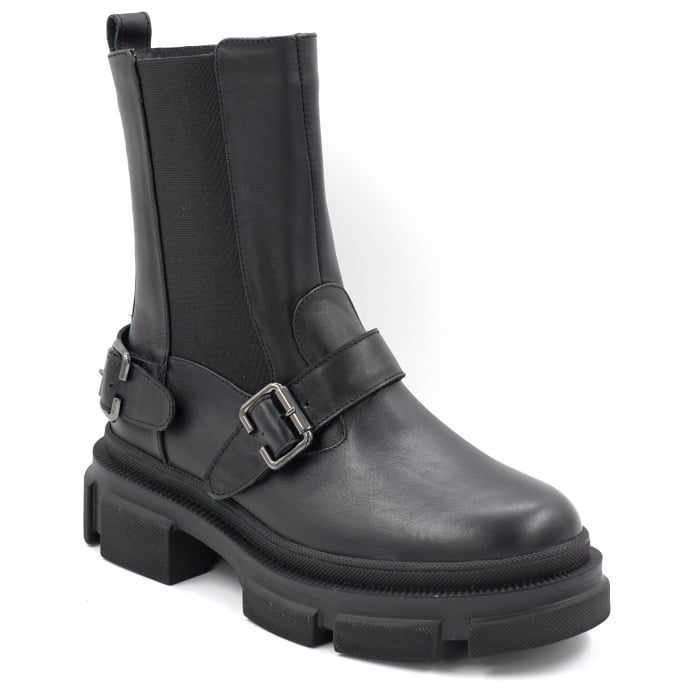Ghete dama casual din piele naturala neagra cu accesorii metalice, varf rotund si talpa 3 cm 70624-24 [2]