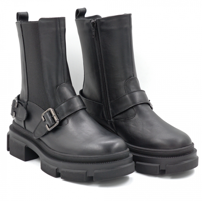 Ghete dama casual din piele naturala neagra cu accesorii metalice, varf rotund si talpa 3 cm 70624-24 [3]