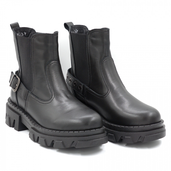 Ghete dama casual din piele naturala neagra cu accesorii metalice, varf rotund si talpa 3 cm  70724-24 [3]
