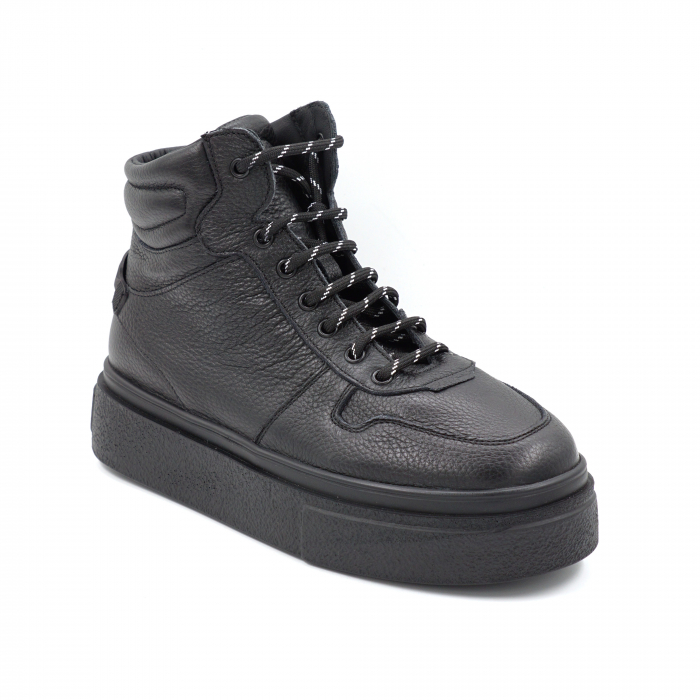 Ghete dama casual sport din piele naturala bizonata neagra cu varf rotund si talpa 3 cm 71124-24 [2]