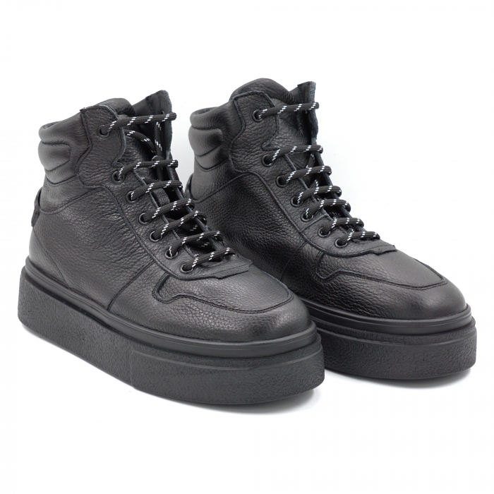 Ghete dama casual sport din piele naturala bizonata neagra cu varf rotund si talpa 3 cm 71124-24 [3]
