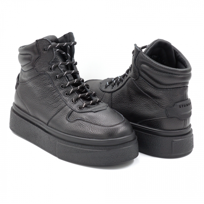 Ghete dama casual sport din piele naturala bizonata neagra cu varf rotund si talpa 3 cm 71124-24 [4]