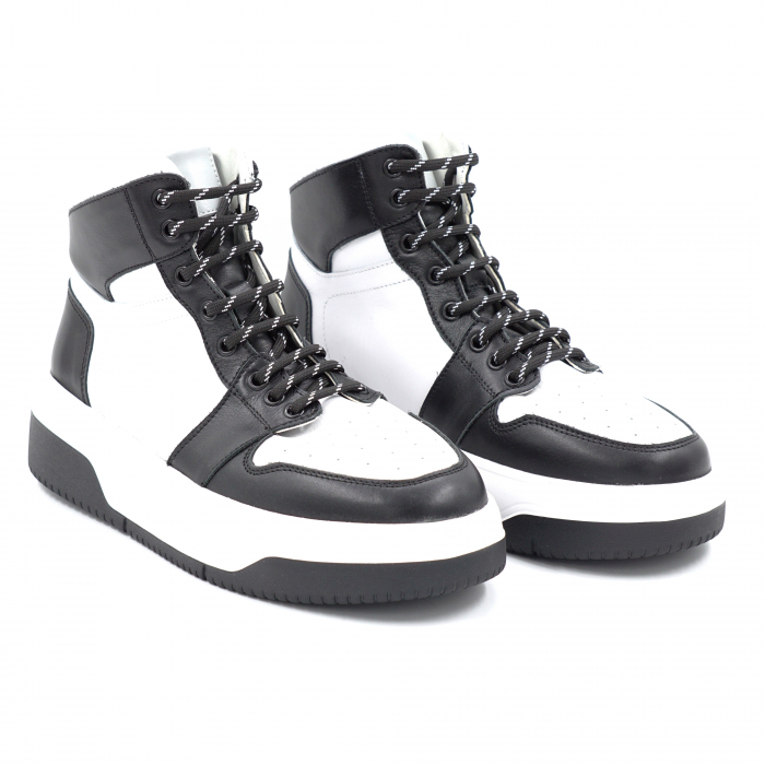 Ghete dama sport din piele naturala bizonata neagra si alba cu varf rotund si talpa 3 cm 71224-24 [3]