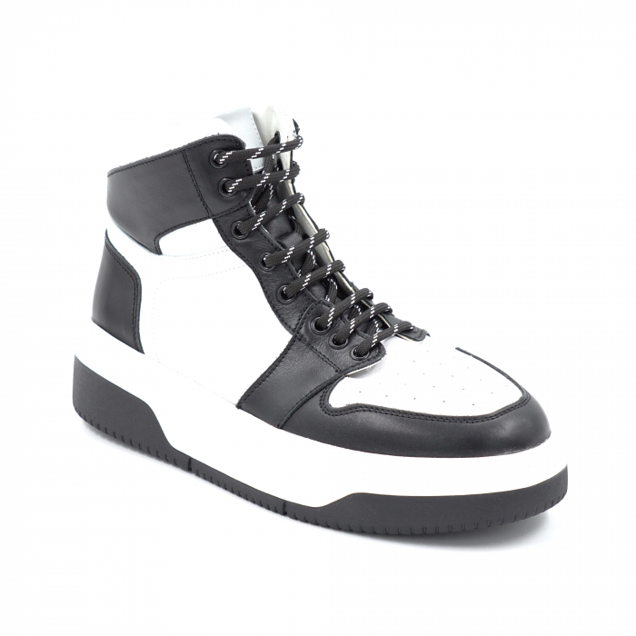 Ghete dama sport din piele naturala bizonata neagra si alba cu varf rotund si talpa 3 cm 71224-24 [2]