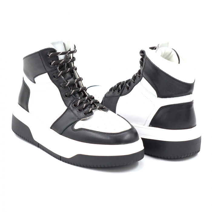 Ghete dama sport din piele naturala bizonata neagra si alba cu varf rotund si talpa 3 cm 71224-24 [4]