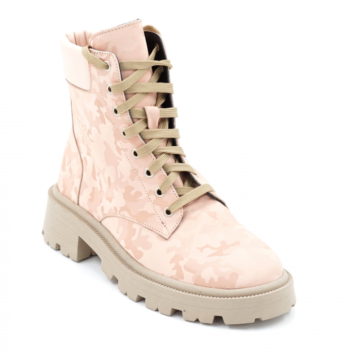 Ghete dama casual din piele naturala lacuita nude roz pudra si roz pudra cu imprimeu militar 3D cu varf rotund si talpa 3 cm  71321-1-23 [2]