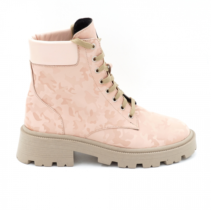 Ghete dama casual din piele naturala lacuita nude roz pudra si roz pudra cu imprimeu militar 3D cu varf rotund si talpa 3 cm  71321-1-23 [1]
