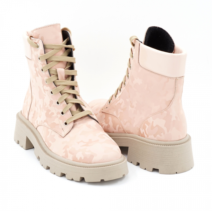 Ghete dama casual din piele naturala lacuita nude roz pudra si roz pudra cu imprimeu militar 3D cu varf rotund si talpa 3 cm  71321-1-23 [4]