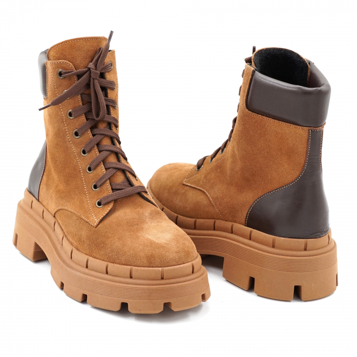 Ghete dama casual din piele naturala maro inchis si intoarsa maro coniac cu varf rotund si talpa 4 cm 71321-23 [2]
