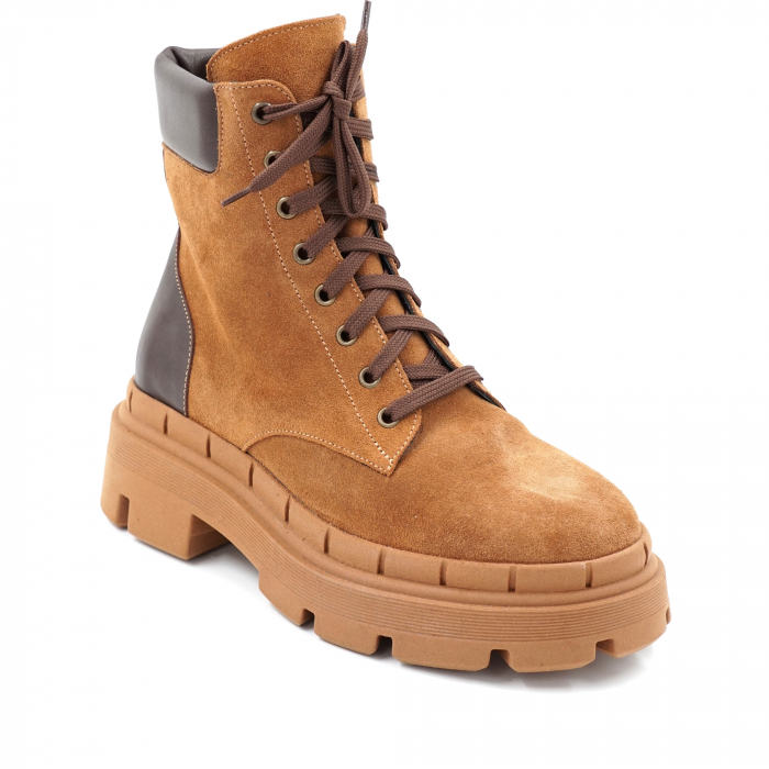 Ghete dama casual din piele naturala maro inchis si intoarsa maro coniac cu varf rotund si talpa 4 cm 71321-23 [3]