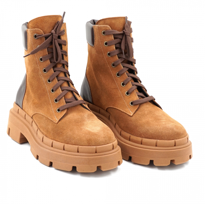 Ghete dama casual din piele naturala maro inchis si intoarsa maro coniac cu varf rotund si talpa 4 cm 71321-23 [4]