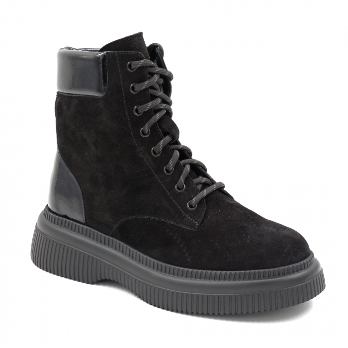 Ghete dama casual din piele naturala intoarsa si lacuita neagra cu varf rotund si talpa 4 cm 71321-24 [2]