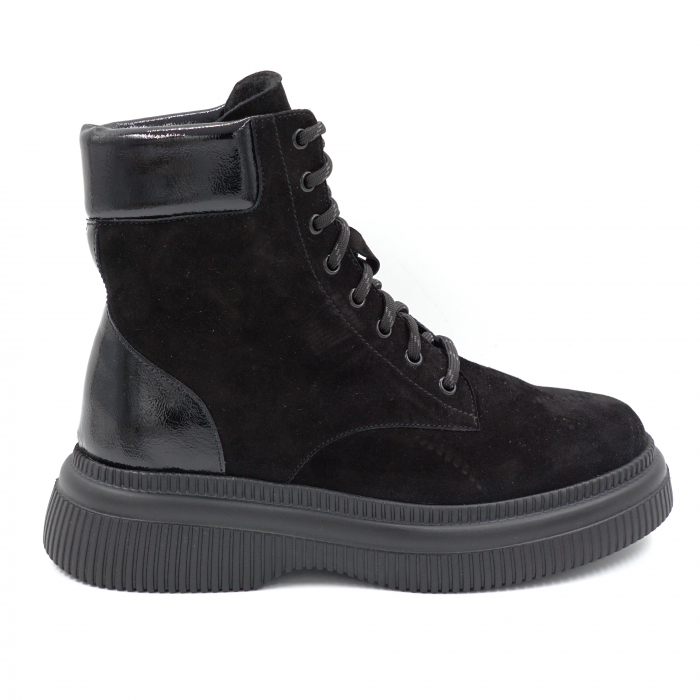 Ghete dama casual din piele naturala intoarsa si lacuita neagra cu varf rotund si talpa 4 cm 71321-24 [1]