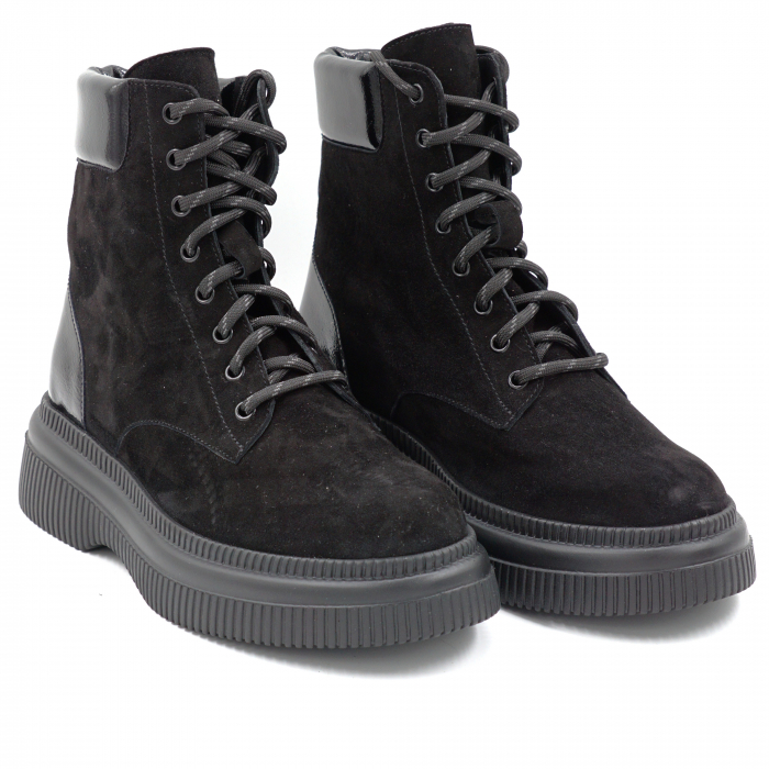Ghete dama casual din piele naturala intoarsa si lacuita neagra cu varf rotund si talpa 4 cm 71321-24 [3]