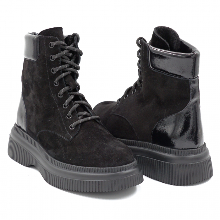 Ghete dama casual din piele naturala intoarsa si lacuita neagra cu varf rotund si talpa 4 cm 71321-24 [4]